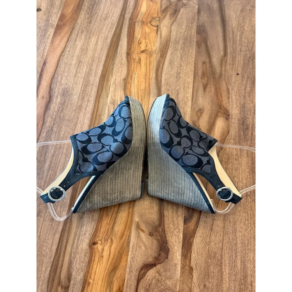 Coach Janet Signature Jacquard Wedge Sandals Black Grey Peep Toe Slingback F2080 - Picture 4 of 13